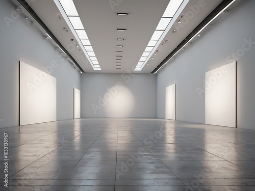 Modern empty gallery interior with white walls and spotlights showcasing minimal exhibition space 3D rendering 