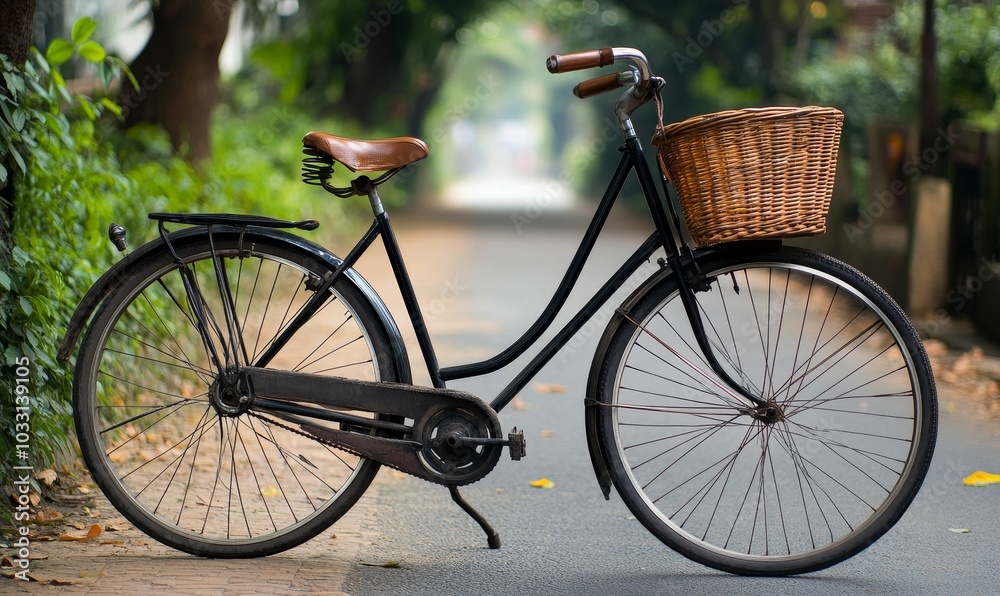 Black bicycle with a wicker basket parked on a road. Black bicycle with a wicker basket parked on a road.