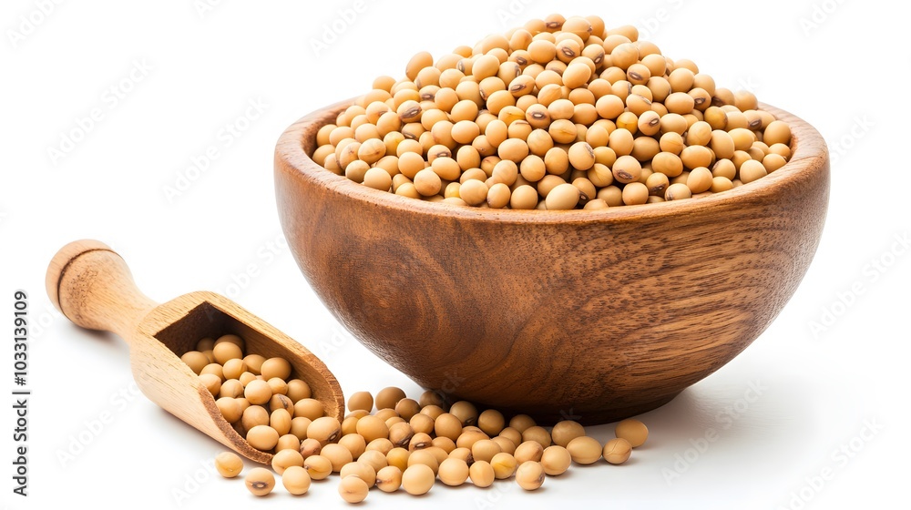Closeup soy beans in wooden bowl and scoop isolated on white background. Closeup soy beans in wooden bowl and scoop isolated on white background.