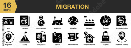 Migration solid icon set. Includes migration, immigration law, passport, refugee, visa, and More. Solid icons vector collection.