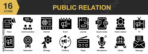 Public Relation solid icon set. Includes tv, strategy, social media, reputation, radio, publicity, promotion, and More. Solid icons vector collection.