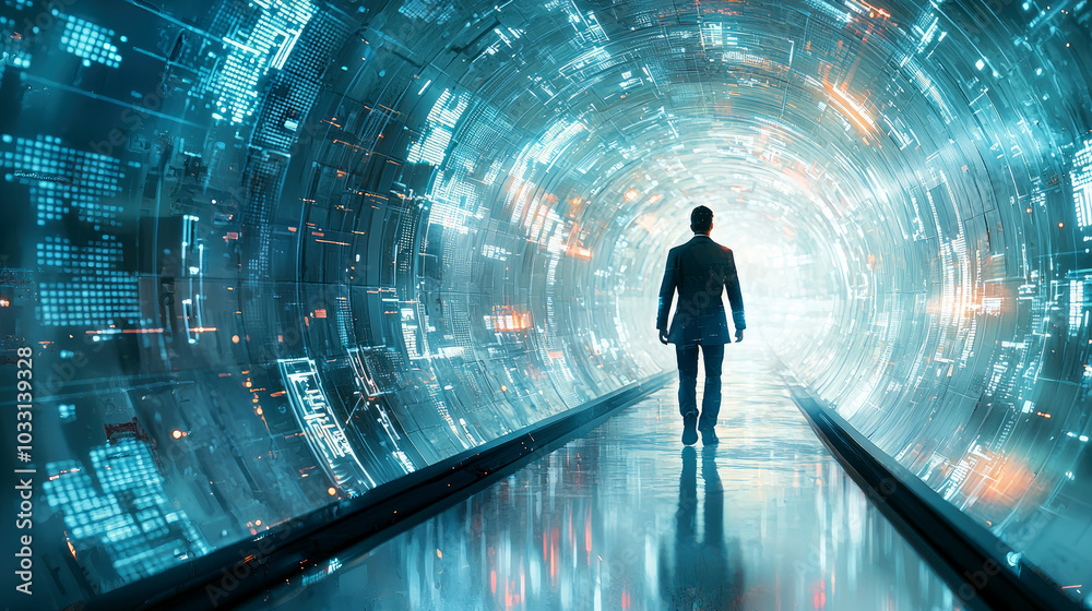A figure walking through a futuristic, illuminated tunnel representing innovation and exploration. A figure walking through a futuristic, illuminated tunnel representing innovation and exploration.
