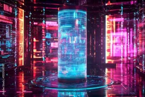 A futuristic cylinder with data visualizations and graphs on it, set against an abstract digital background with glowing elements and holographic displays around the sides.