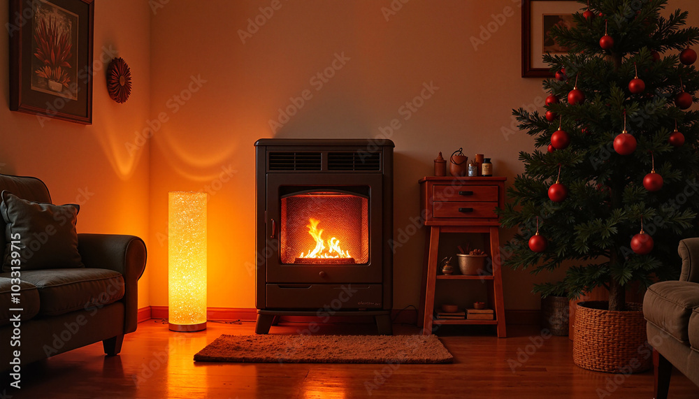 Cozy living room with fireplace and Christmas tree at night Cozy living room with fireplace and Christmas tree at night