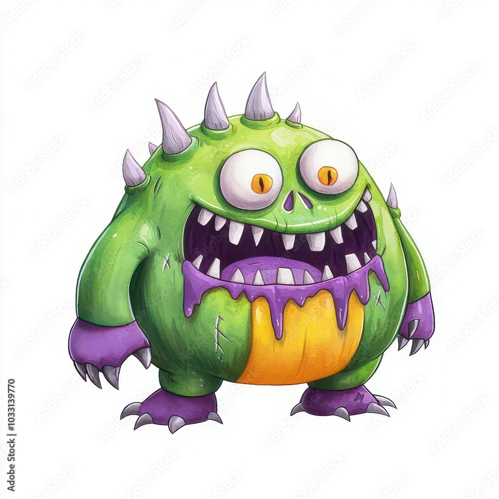 Fototapeta premium Cartoon monster with spikes, white isolated background