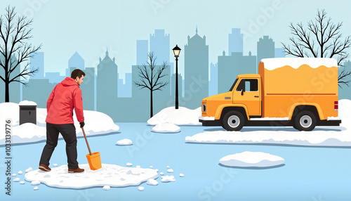 Man shoveling snow in city park beside snow-covered truck