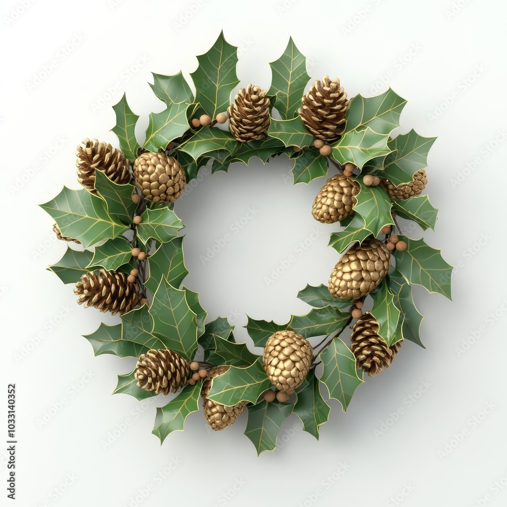 Fototapeta premium Pinecone wreath with holly leaves, white isolate background