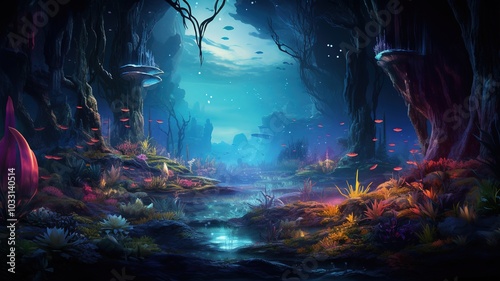 A whimsical depiction of a UV light-illuminated fantasy world, with glowing flora, bioluminescent creatures, and a magical, otherworldly landscape bathed in ultraviolet hues.