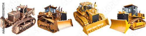 A series of four distinctive bulldozers, showcasing various designs and capacities, set against a transparent background. photo