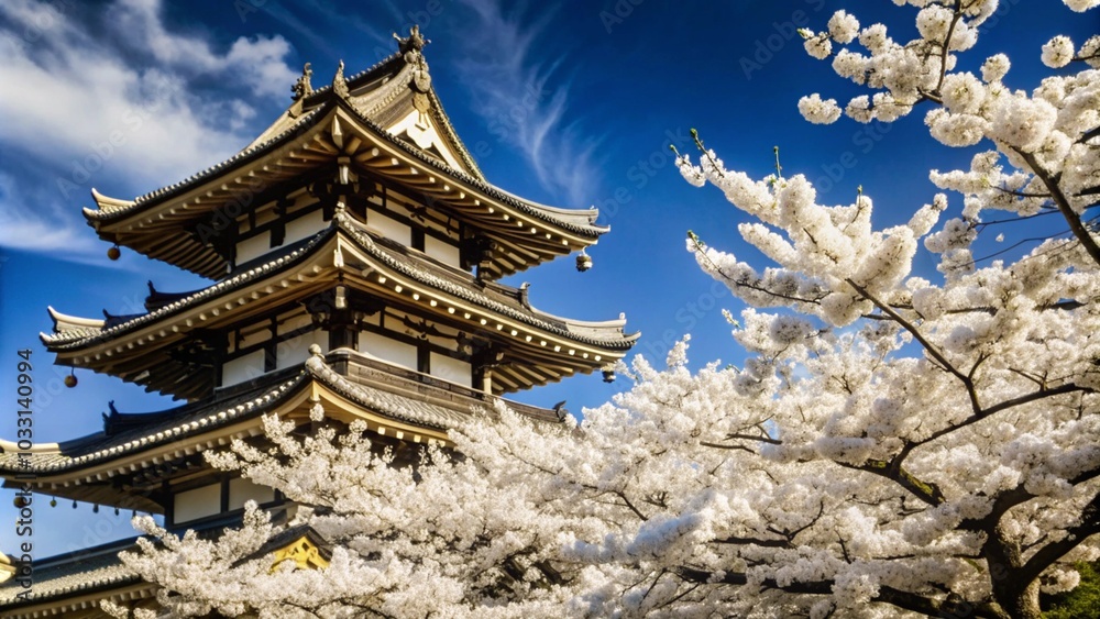 A traditional Japanese pagoda with cherry blossoms in full bloom against a clear blue sky. A traditional Japanese pagoda with cherry blossoms in full bloom against a clear blue sky.