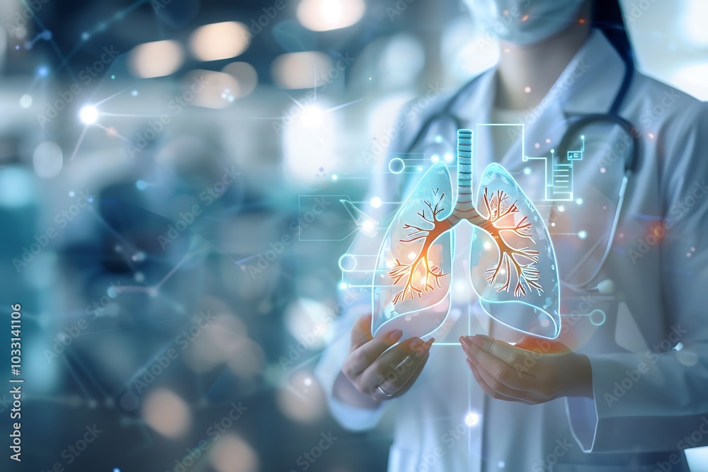 Doctor on blurred background holding and touching lungs of patient. Doctor on blurred background holding and touching lungs of patient.