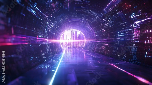 Futuristic Cityscape View Through a Digital Tunnel