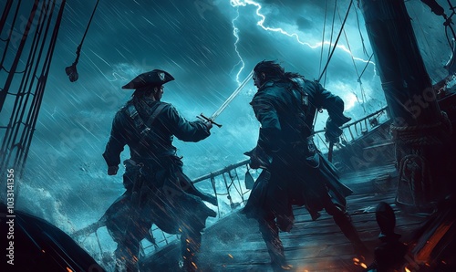 Two pirates duel on a ship in a storm.