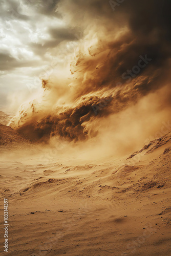 An intense sandstorm sweeping across a desert, with sand whipping through the air and visibility reduced to near zero