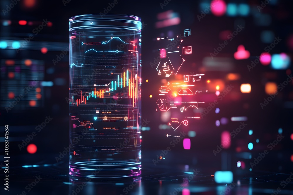 A futuristic, digital display of data and analytics with graphs, charts, icons, and numbers floating around an abstract cylinder or jar. A futuristic, digital display of data and analytics with graphs, charts, icons, and numbers floating around an abstract cylinder or jar.