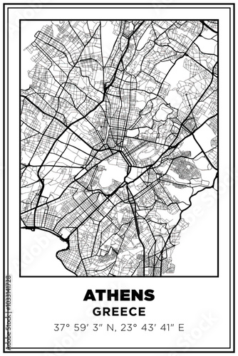 Black and white printable Street map art athens city, Greece. Travel poster with coordinates, poster design, Modern Poster Wall Art Home Decor Ready to Printable
