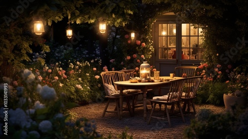 An atmospheric image of fireflies lighting up a quaint, old-fashioned garden at dusk, with their soft glow highlighting the details of vintage garden furniture and blooming flowers.