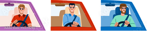 drive driving car man vector. smile young, road safety, trip travel drive driving car man character. people flat cartoon illustration