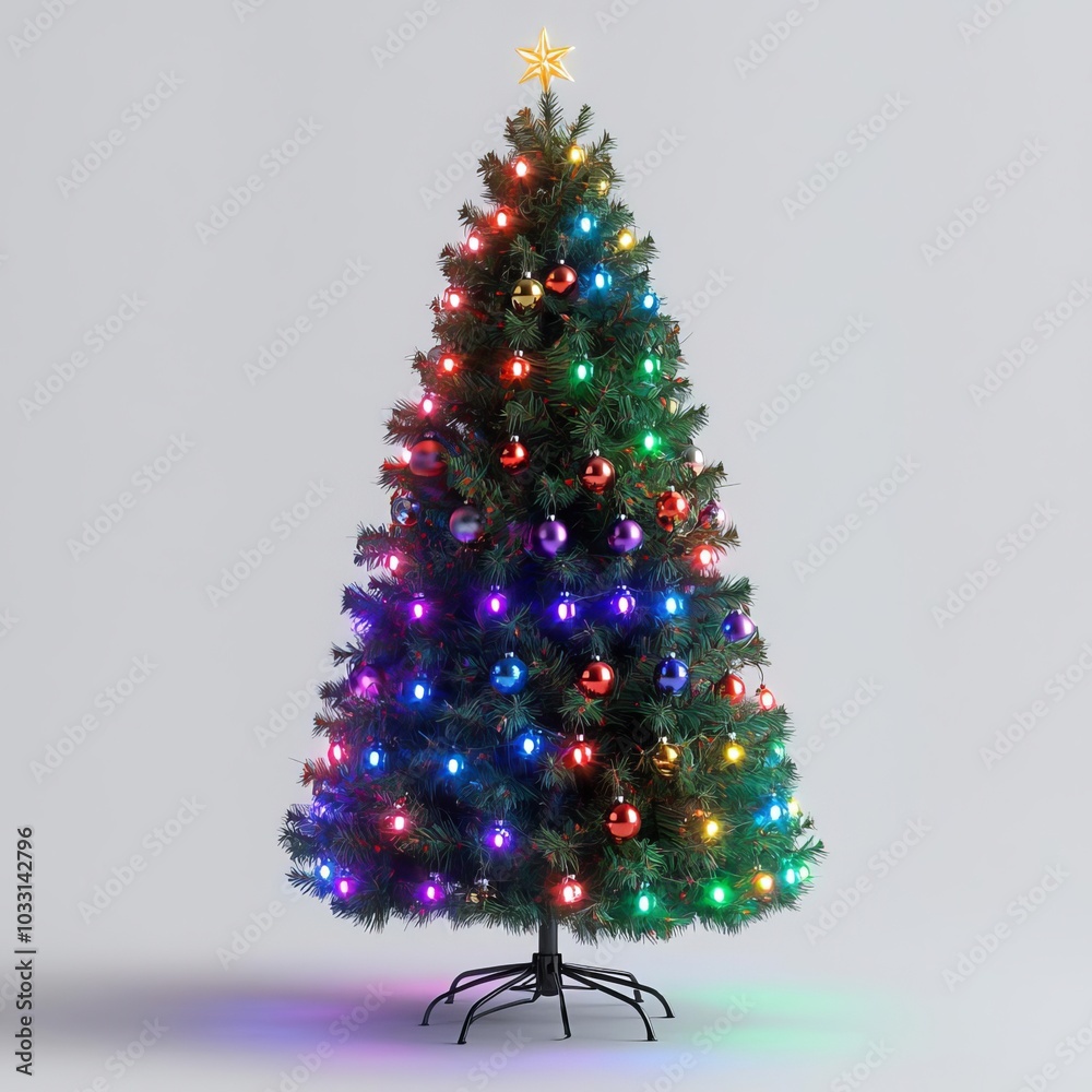 Colorful Christmas tree with lights, isolated on white background