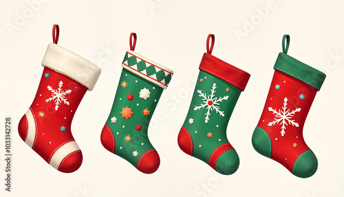 Four red and green Christmas stockings with snowflakes on beige background photo