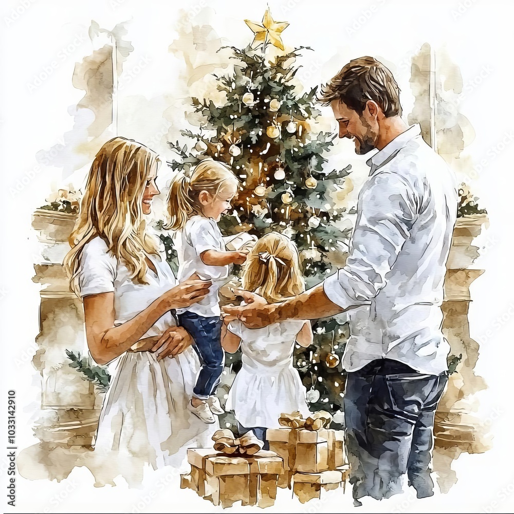 Family celebrating Christmas with a decorated tree and gifts.