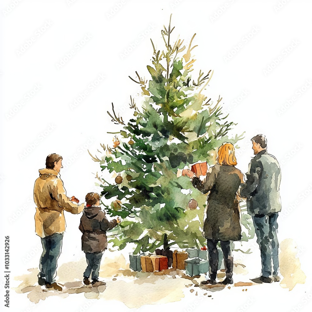 Family decorating a Christmas tree, joyful holiday spirit