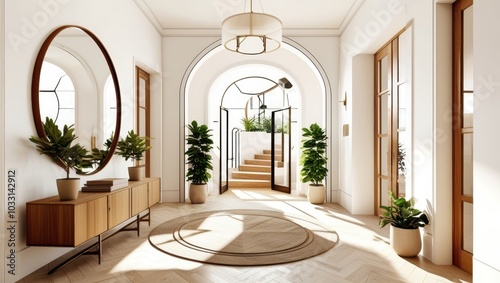 Modern luxurious entryway, bright and airy interior, arched doorways, round mirror, wooden console table, potted plants, herringbone wood flooring, circular rug, white walls, natural light, minimalist