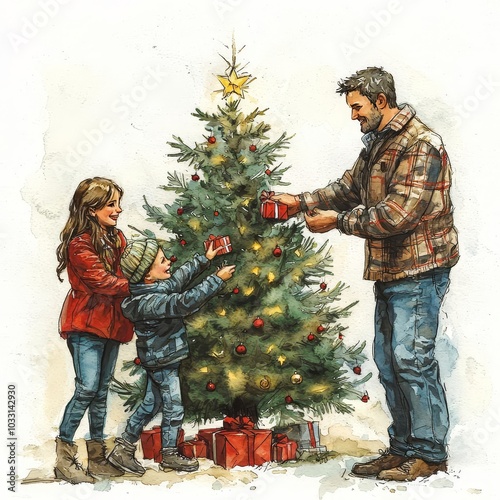 Family decorating Christmas tree with presents, festive spirit.