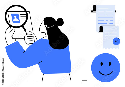 Person looking at a document through a magnifying glass. Next to it, a checklist and a happy face. Ideal for business, research, analysis, documentation, and customer satisfaction. Minimalist vector