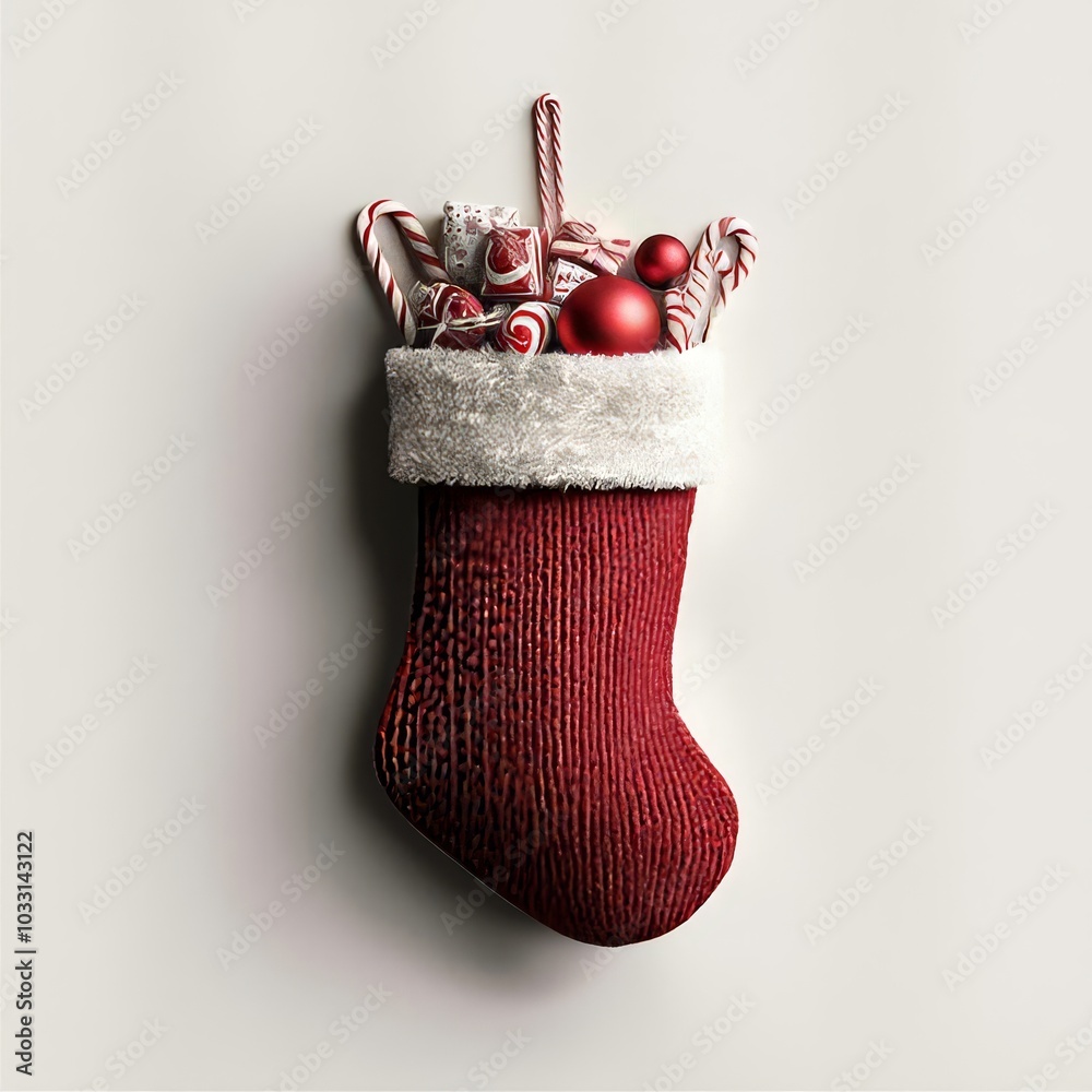 Red Christmas stocking filled with festive decorations.