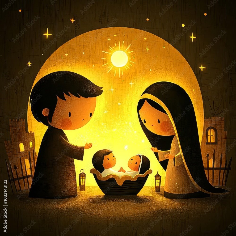 Nativity scene with parents admiring their newborns, soft glow.