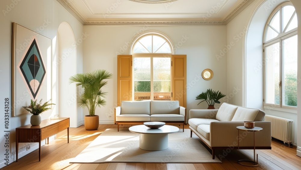 Elegant minimalist living room, mid-century modern sofa, abstract geometric artwork, large arched windows, natural light, hardwood floors, potted palm plant, round coffee table, bright white walls, hi Elegant minimalist living room, mid-century modern sofa, abstract geometric artwork, large arched windows, natural light, hardwood floors, potted palm plant, round coffee table, bright white walls, hi