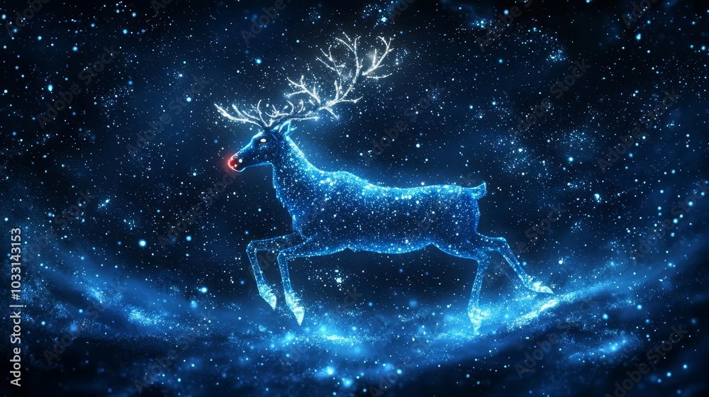 Reindeer in a starry night, magical winter scene.