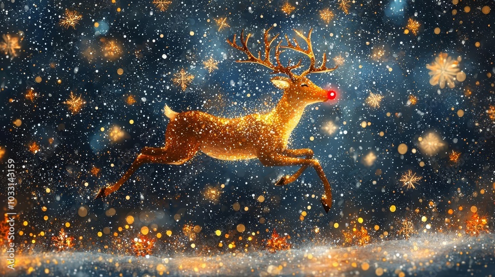 Reindeer in a snowy landscape with a festive glow.