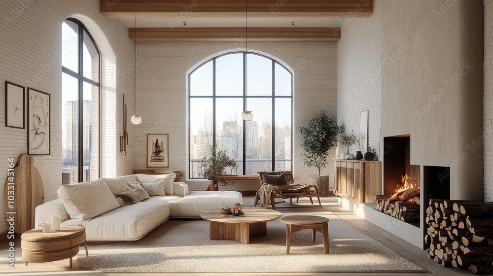 Obraz premium Cozy minimalist living room, white brick fireplace, neutral color palette, large windows, natural light, wooden accents, potted plant, round coffee table, textured rug, modern furniture, Scandinavian 
