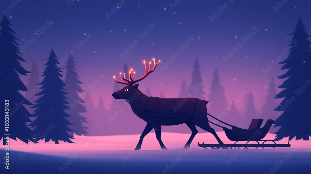 Reindeer pulling a sled in a serene winter landscape.