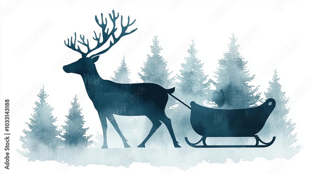 Reindeer pulling a sleigh through a forest, white isolate background