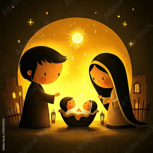 Obraz na płótnie Nativity scene with parents admiring their newborns, soft glow. w salonie