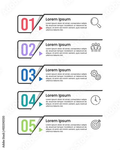 Vertical infographic number labels design. 5 Options to Success. Business presentation, Workflow, Brochure, Banner, Marketing and Strategy. Vector illustration.