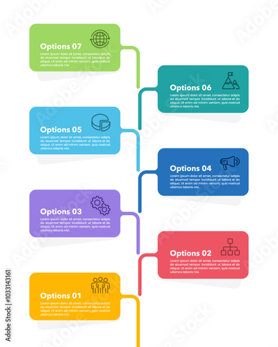 Vertical infographic tree or branch design. 7 Process to Success. Business presentation, Workflow, Brochure, Banner, Marketing and Strategy. Vector illustration.