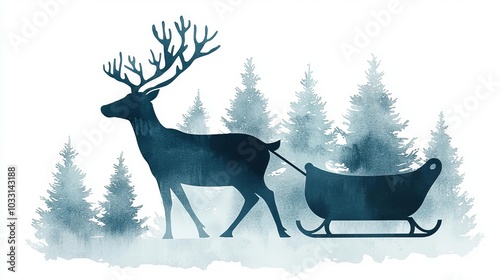 Reindeer pulling a sleigh through a forest, white isolate background