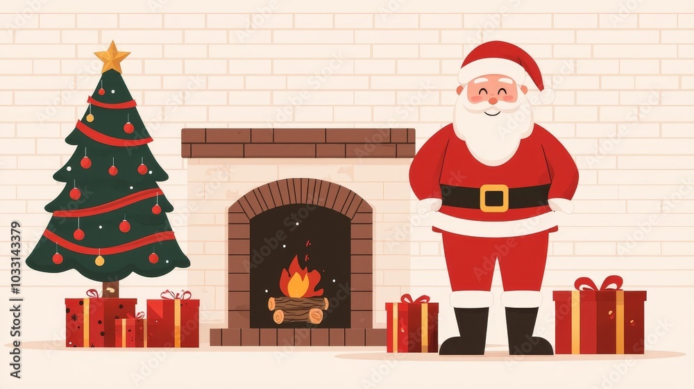Santa Claus with Christmas tree and gifts by fireplace, festive scene.