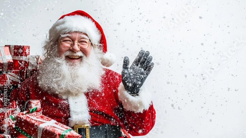 Santa Claus waving joyfully with gifts in a snowy setting.