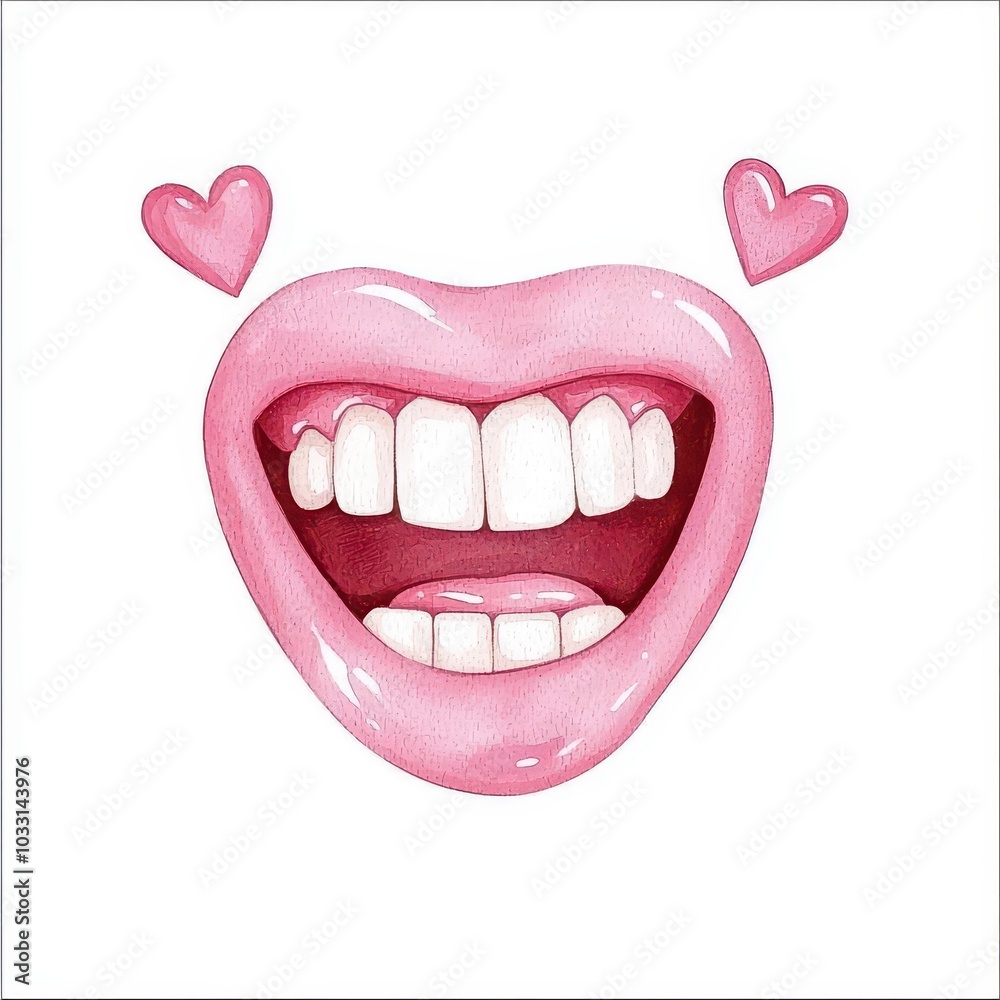 Happy mouth with hearts, white isolate background Happy mouth with hearts, white isolate background