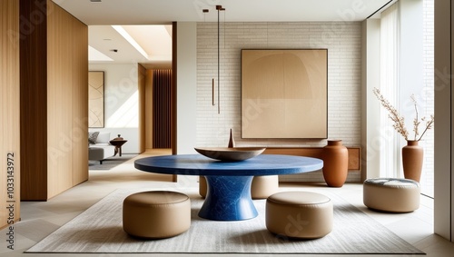 Wallpaper Mural Modern minimalist interior, circular blue stone dining table, sculptural table base, round poufs, wooden wall panels, textured white brick wall, large abstract beige artwork, earthy ceramic vases, nat Torontodigital.ca