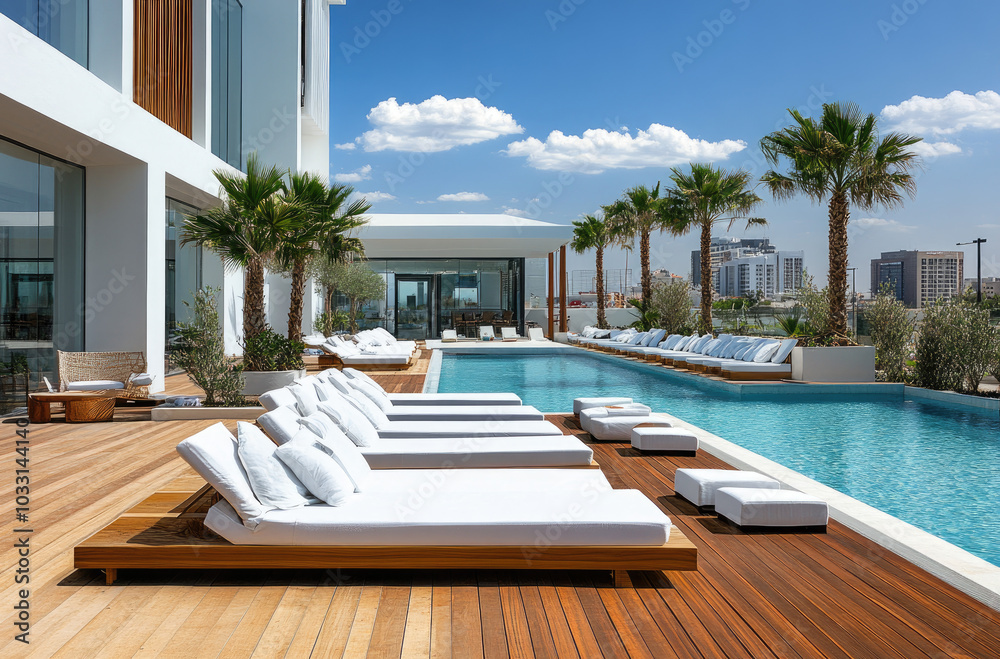 Naklejka premium A modern poolside area with sleek white loungers and an outdoor deck, showcasing the design of contemporary living spaces