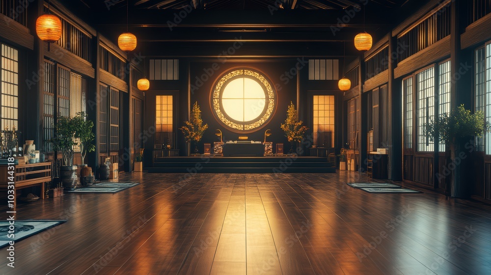 retro elegant black exhibition hall with traditional Japan cultural elements. Black paint, beautiful picture, overall warm tone lighting, soft light, atmosphere, indoor photography, realistic effects retro elegant black exhibition hall with traditional Japan cultural elements. Black paint, beautiful picture, overall warm tone lighting, soft light, atmosphere, indoor photography, realistic effects