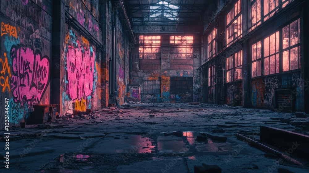 Fototapeta premium Abandoned factory with cyberpunk graffiti art: Urban exploration in industrial ruins, shallow depth of field, f/1.8 aperture, Canon EF 100mm f/2.8L IS USM lens, soft lighting, vibrant colors