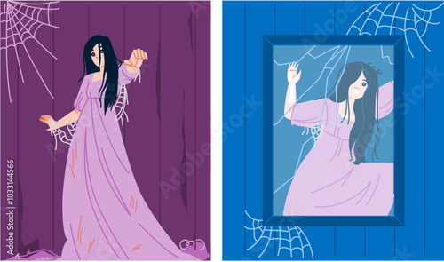 creepy haunted house woman vector. night evil, nightmare murder, witch girl creepy haunted house woman character. people flat cartoon illustration