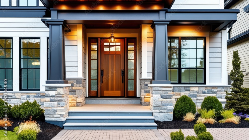 Modern suburban home exterior, craftsman-style architecture, wooden front door, stone columns, white siding, black framed windows, covered porch, landscaped front yard, paver driveway, warm lighting, Modern suburban home exterior, craftsman-style architecture, wooden front door, stone columns, white siding, black framed windows, covered porch, landscaped front yard, paver driveway, warm lighting,